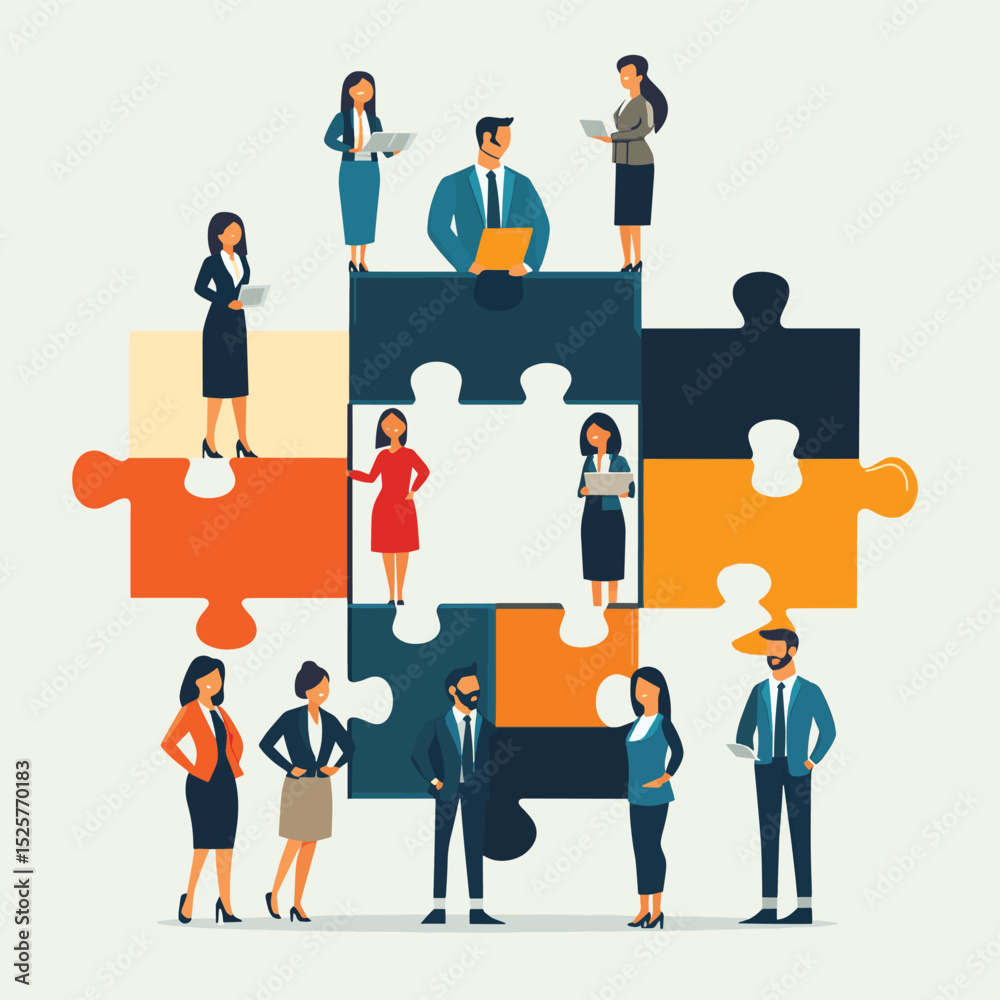 Poster Business Teamwork Concept. Vector illustration in flat style of puzzle pieces with different people in business suits in each, performing various work tasks. Isolated on background