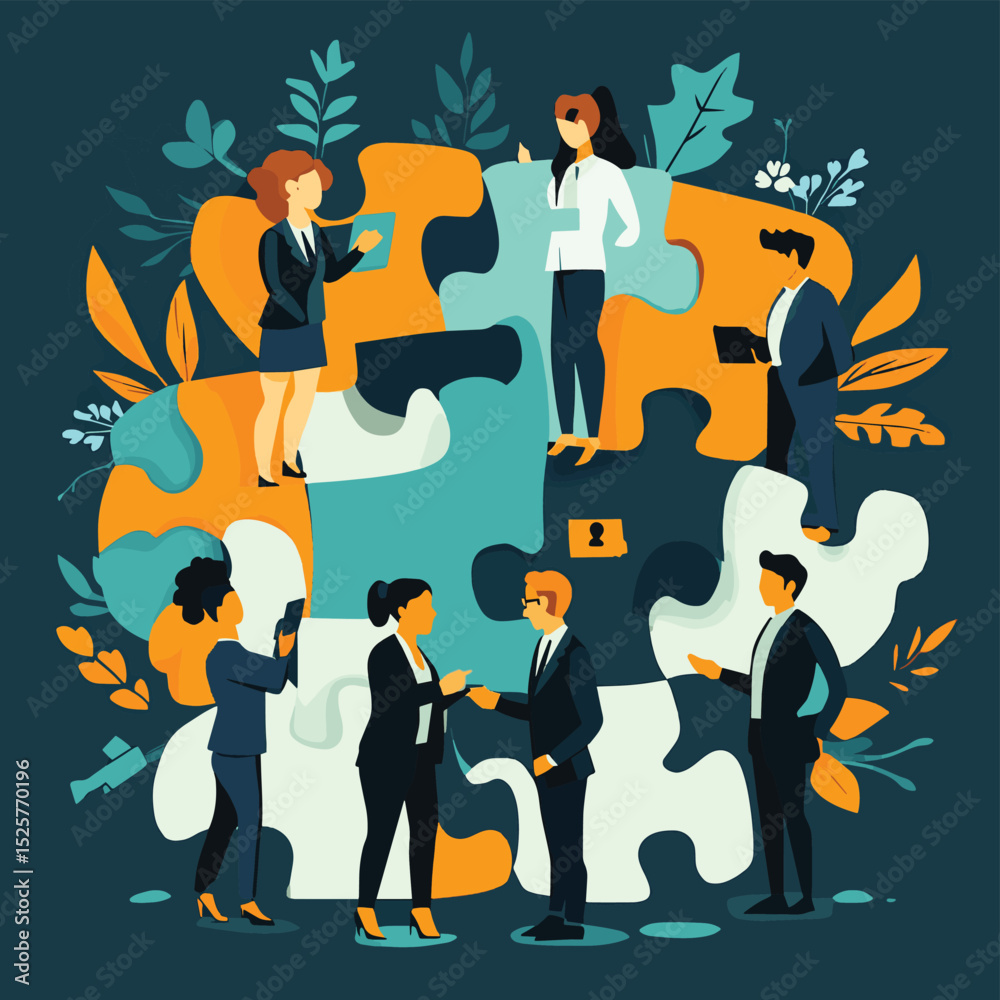 Poster Business Teamwork Concept. Vector illustration in flat style of puzzle pieces with different people in business suits in each, performing various work tasks. Isolated on background