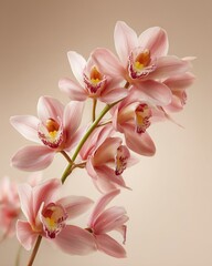 Obraz premium Elegant Pink Orchid Blossom with Yellow Core on Beige Background, Commercial Floral Still Life Composition