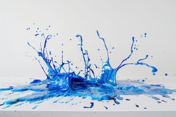 Abstract blue paint splashes dynamically on a clean white workspace table against an isolated white background.