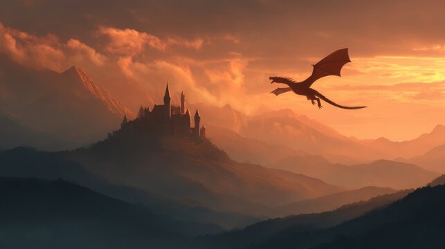 Dragon flying over castle at sunset