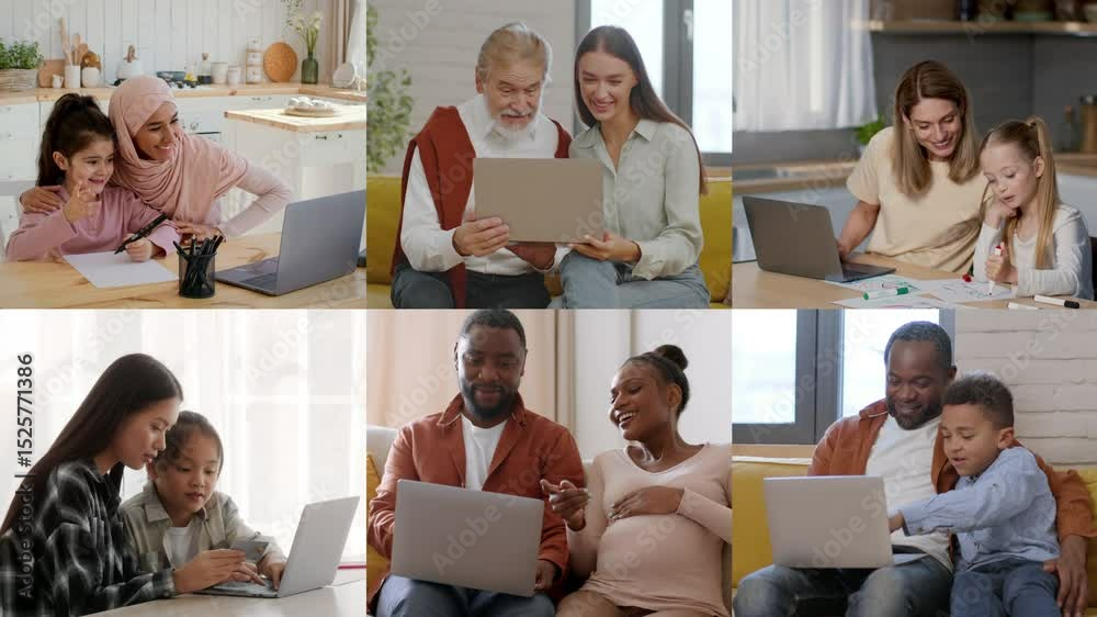 Poster groups of diverse individuals share joyful moments while using laptops in various settings. they con