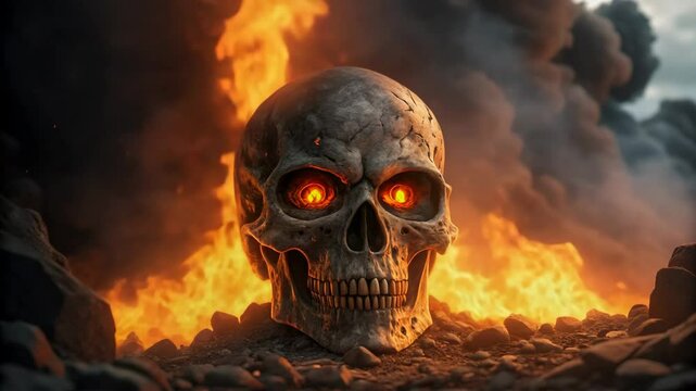 Fiery Skull Inferno Dramatic Burning Skull Glowing Eyes Dark Fantasy Art  Hellfire Background Cinematic Imagery