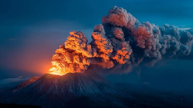 Volcanic Eruption at Dusk A breathtaking view of a volcano erupting against a twilight sky showcasing fiery orange and grey ash clouds billowing into the atmosphere. mount etna italy volcanic eruption