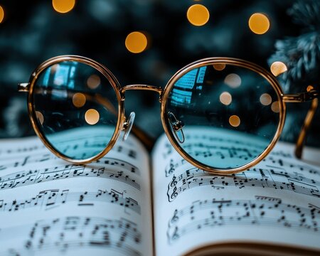 Round glasses rest on open sheet music, blurred holiday lights in the background