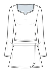 Scallop Notch-Neck Long Sleeve Top and Wrap Mini Skirt Set Technical Fashion Illustration. Women’s Two-Piece Outfit Vector Template. Matching Set. Front View. Feminine Style. Golf Outfit. CAD Mockup.