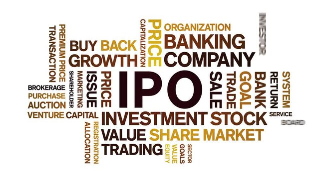 IPO INITIAL PUBLIC OFFERING animated word cloud;text design animation tag kinetic typography seamless loop.