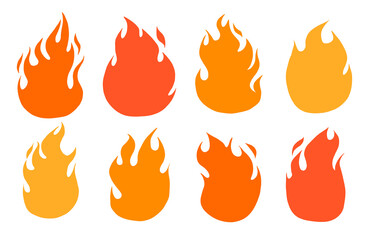Flat Flame Silhouette Icon Collection. A bold collection of 8 flat flame silhouettes in vibrant red orange and yellow tones featuring smooth curves sharp flicks. Perfect for stickers heat visuals