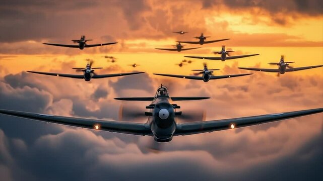 Warplanes in a dramatic sunset formation