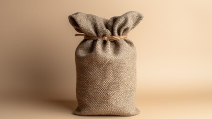 Rustic burlap sack tied with a natural twine on a smooth background