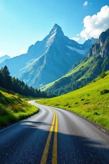 Fototapeta premium Asphalt ribbon winding through verdant valley, majestic mountains rising in the background under a vibrant sky.