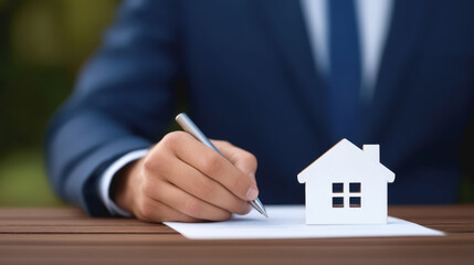 property loan mortgage qualification home concept. Real estate agent signing papers with a model house on the table.