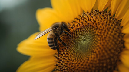 Macro Shot of a Honeybee on Sunflower