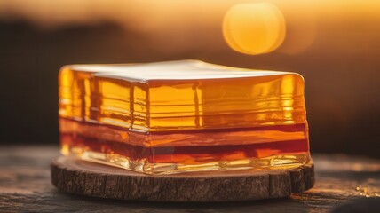 Sunset Hues Reflected in Layered Gelatin Dessert on Wooden Slice Serving