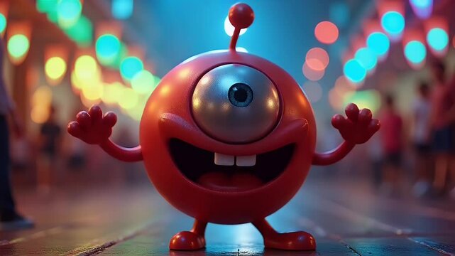 Friendly red one-eyed cartoon creature stands on wooden planks in front of blurred lights