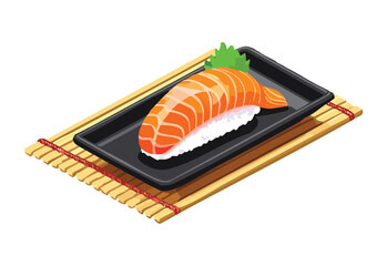 Salmon Nigiri Sushi Black Plate Garnish - Vector Illustration