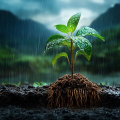 Seeds sprouting with strong roots battling the torrential rains and storms in a vivid landscape  high resolution   for isolate image