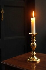 Elegant golden candlestick holder with lit candle, casting a warm glow on a dark wooden surface Perfect for home decor, luxury, ambiance, and romantic settings , decoration, candlestick, modern