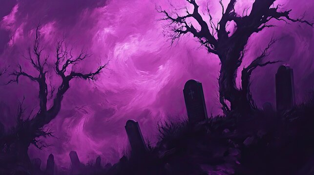 A spooky, purple graveyard scene at night