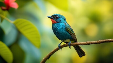 Obraz premium Vibrant blue bird with red throat perched elegantly on a slender branch