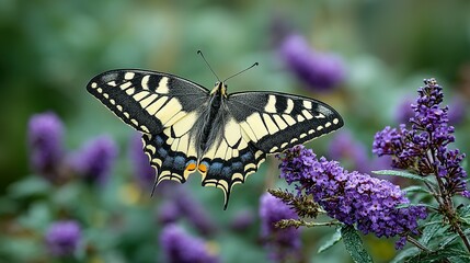 Obraz premium Close-up of a swallowtail butterfly amidst purple flowers.