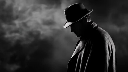 Retro style man in hat exhales smoke in black and white for artistic video - Powered by Adobe