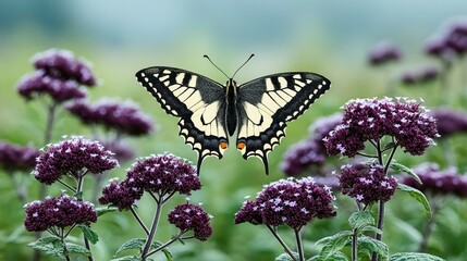 A swallowtail butterfly amidst clusters of purple flowers.