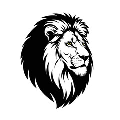 Majestic lions head, rendered in stark black and white, isolated on white background, its gaze directed to the right, conveying strength and regality