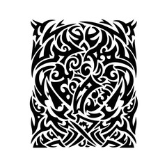 Fototapeta premium Intricate black tribal tattoo design isolated on white background, a swirling vortex of sharp lines and organic shapes creating a powerful and symbolic image