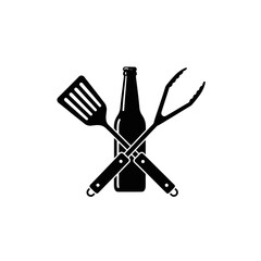 A spatula and tongs cross behind a beer bottle, isolated on white background