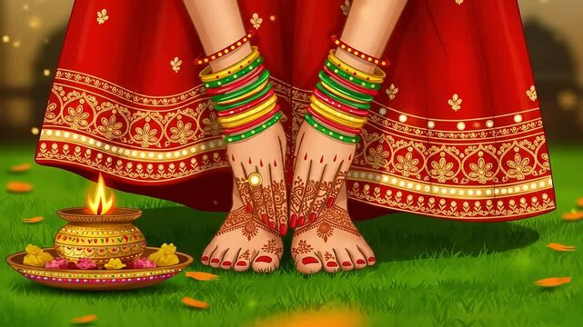 Indian Woman Feet for Teej Vrat &ndash; Traditional Mehendi and Bangles with Ritual Pose Symbolizing Devotion and Feminine Grace