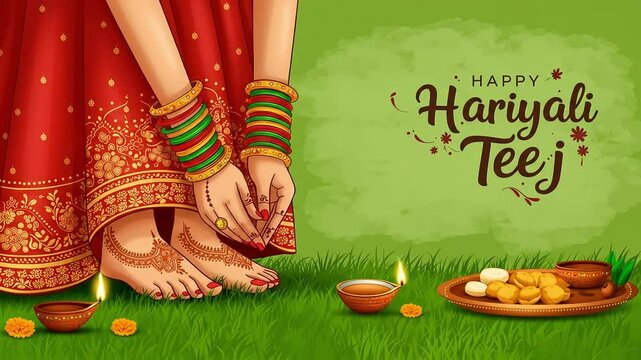 Happy Teej Festival Feet Illustration &ndash; Indian Women&rsquo;s Ritual of Swinging, Fasting, and Mehendi with Cultural Attire Representation
