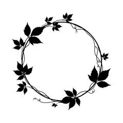 A circular frame of black silhouette leaves and vines, isolated on white background © mamunit1