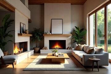 Cozy family room interior with fireplace, comfortable seating, and natural light streaming through large windows Perfect for relaxation and family gatherings , wood, bookshelf