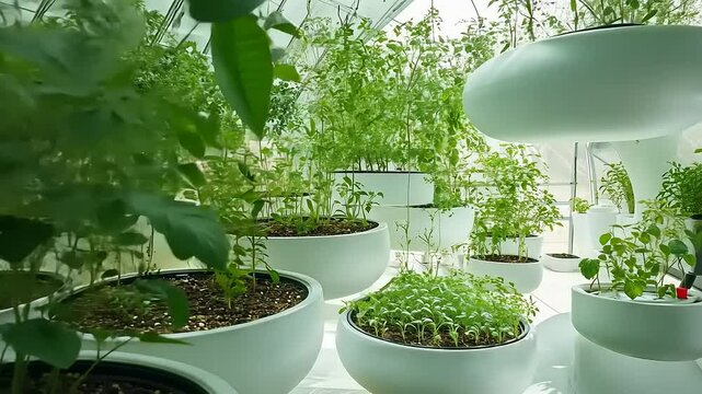 Innovative indoor garden showcasing modern planters with lush greenery and bright, airy atmosphere
