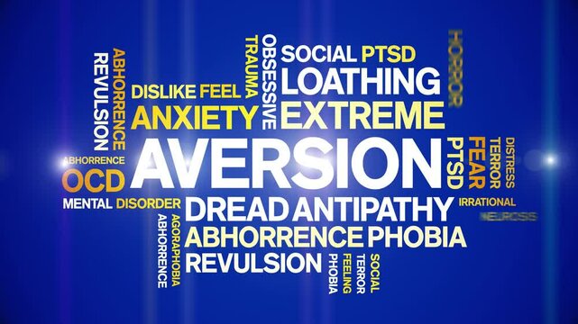 Aversion animated word cloud;text design animation tag kinetic typography seamless loop.