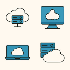 Cloud storage technology illustrations showing server hosting, desktop sync, and mobile cloud access design