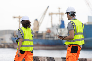 Port Engineers Discussing Logistics at a Shipping Yard, Young Industrial Workers Overseeing...