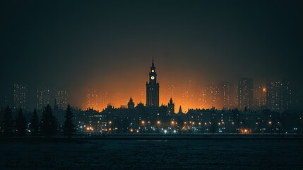 Fototapeta premium City skyline at night, illuminated by warm orange light.