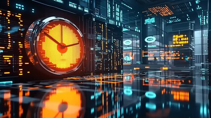 Futuristic digital clock in a high-tech environment with glowing data displays and reflections - Powered by Adobe