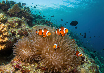 Colorful Clownfish in Vibrant Sea Anemone, Underwater Coral Reef Photography, High-Resolution Marine Life Image