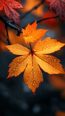 Dew-Covered Orange Maple Leaves on Dark Background – Vibrant Autumn Nature Close-Up.