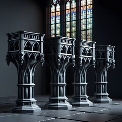 Fototapeta premium Four Dark Classical Pedestals in a Dim Room