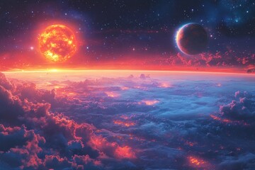 Fiery celestial bodies above colorful clouds