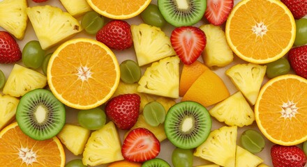 Delicious fruit mix: This vibrant image showcases a colorful medley of fresh fruits, each slice bursting with natural sweetness, creating a visual feast