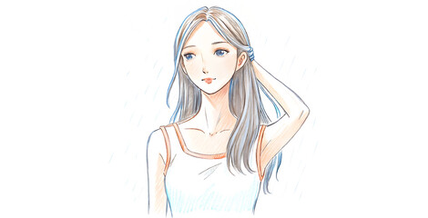 Young Woman with Long Gray Hair, Watercolor Illustration