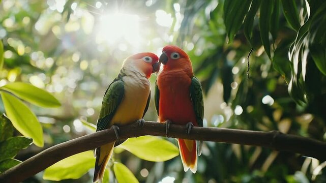Two colorful parrots on a branch, close-up. Sunny, lush jungle background