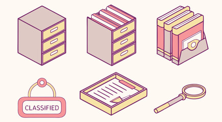 Document Archive Icons &ndash; Isometric File Storage, Classified Folder, Magnifying Glass Set