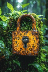 Rusty padlock on mossy forest floor
