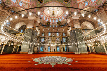 Wide-Angle Interior of Ornate Domed Mosque in Istanbul, Turkey © Patrick.W